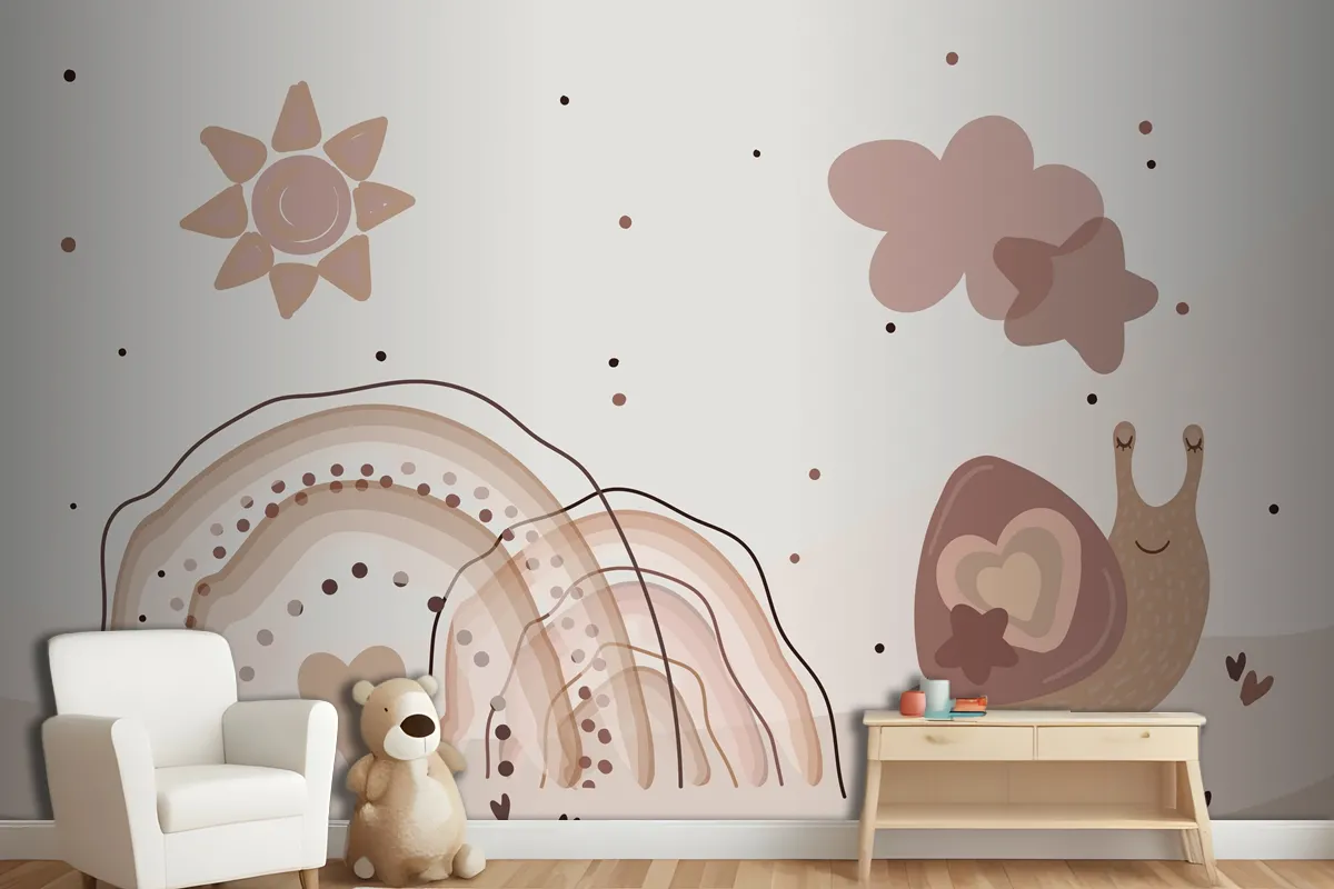 Watercolor Rainbow And Snails Beige Wallpaper Mural