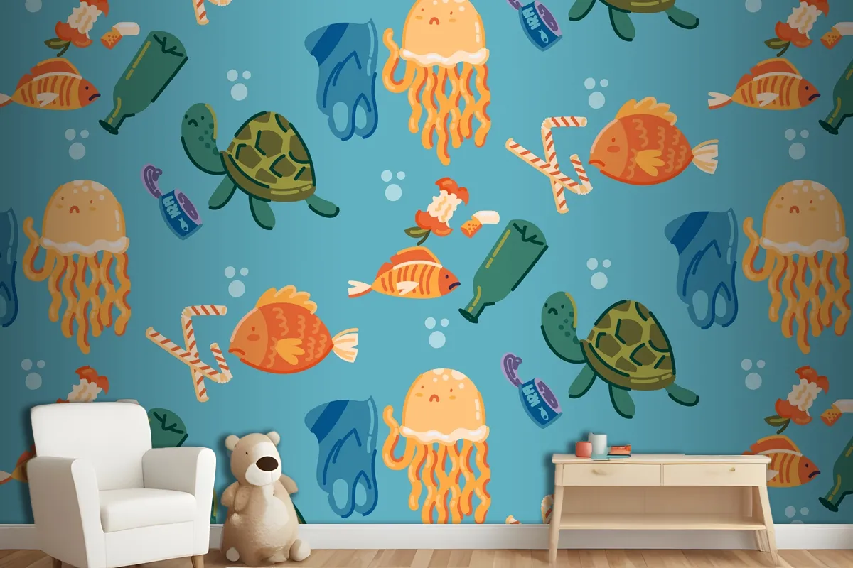 Hand Drawn Save The Oceans Pattern Wallpaper Mural