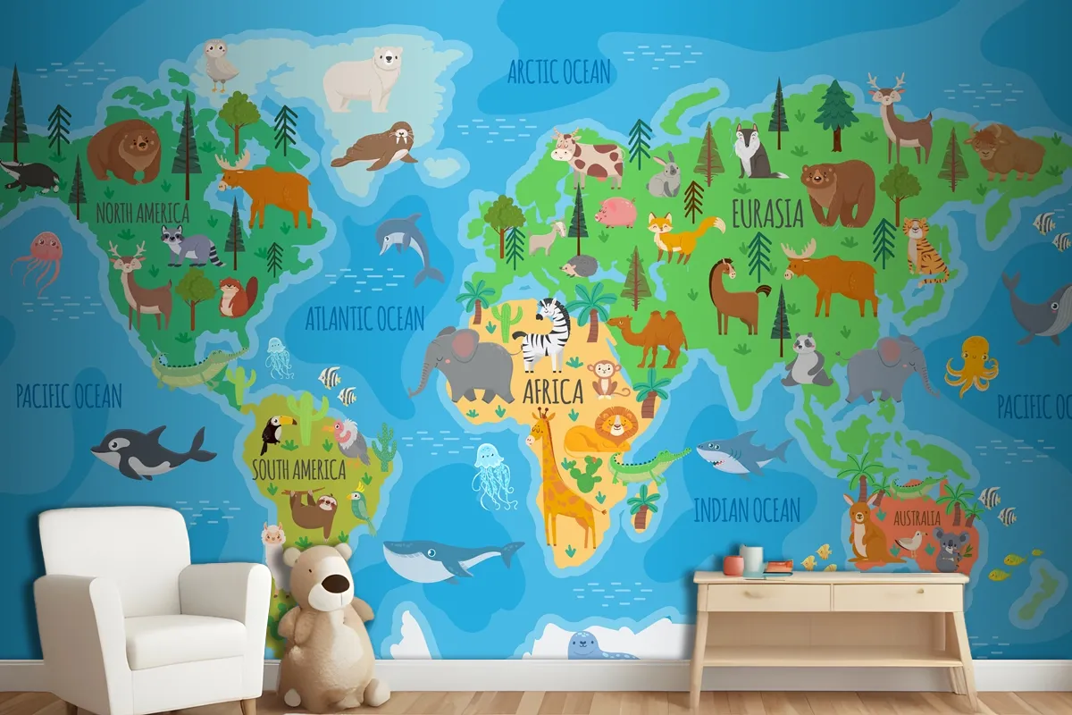 Cartoon World Map For Kids Nursery With Forest Animals Wallpaper Mural