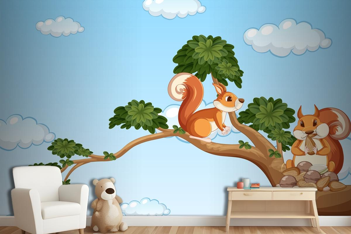 Two Squirrels On The Branch Wallpaper Mural