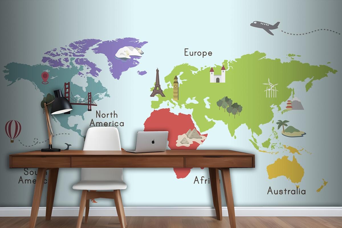 World Continent Map Location Graphic Wallpaper Mural