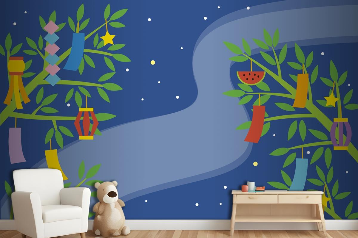 Flat Tanabata Background With Ornaments In Branches Wallpaper Mural