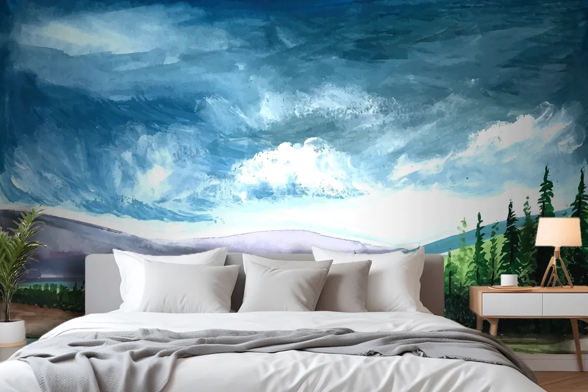 Hand Draw Spring Landscape Scene Watercolor Wallpaper Mural