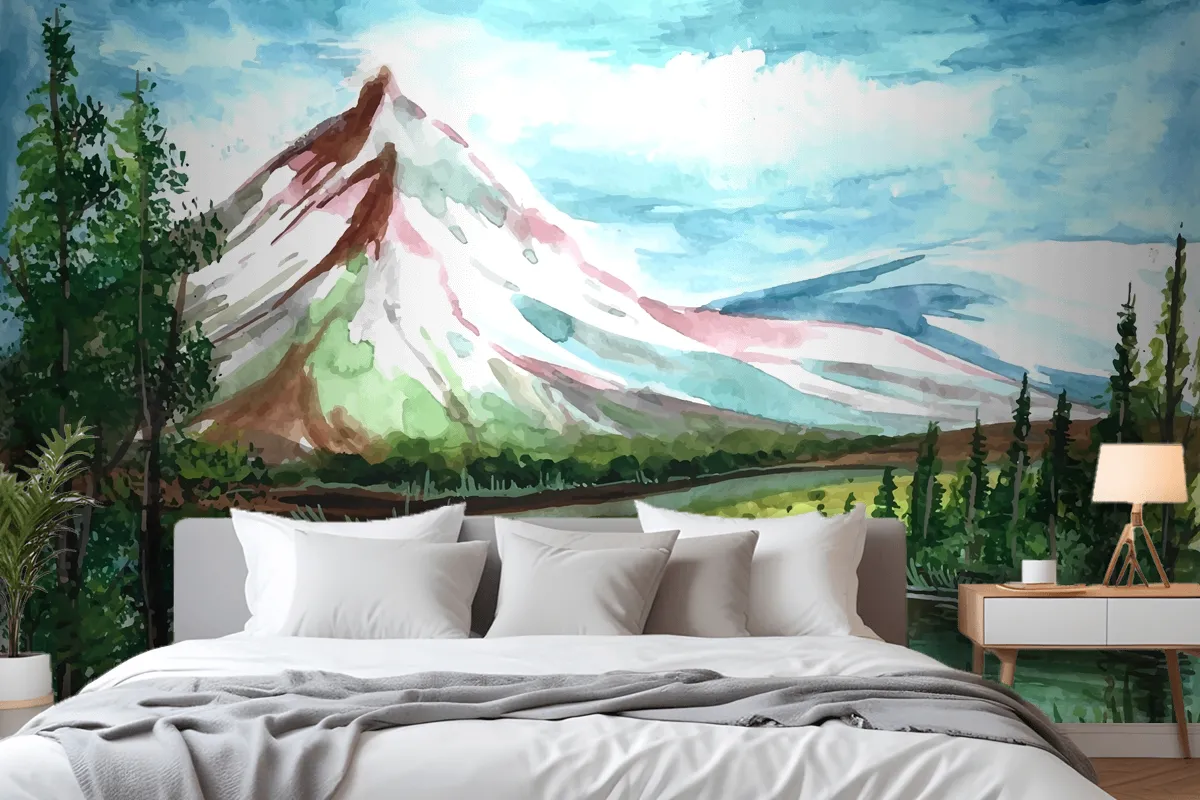 Hand Draw Spring Landscape Scene Watercolor Wallpaper Mural