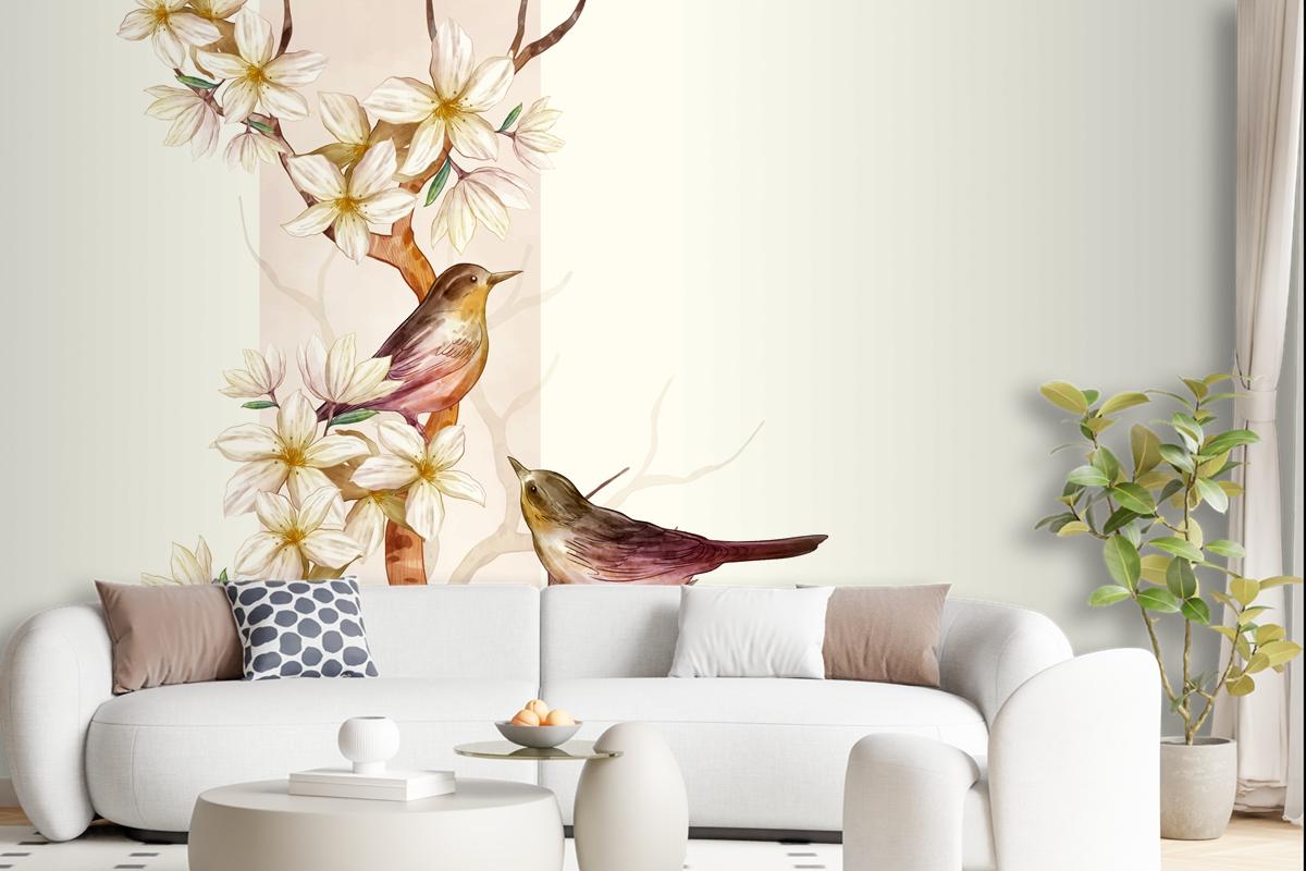 Asian Flower Watercolor With Birds Wallpaper Mural