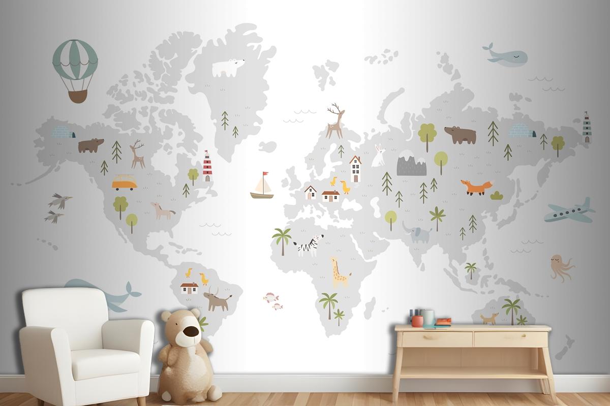 World Map With Animals Houses Nature Elements Wallpaper Mural