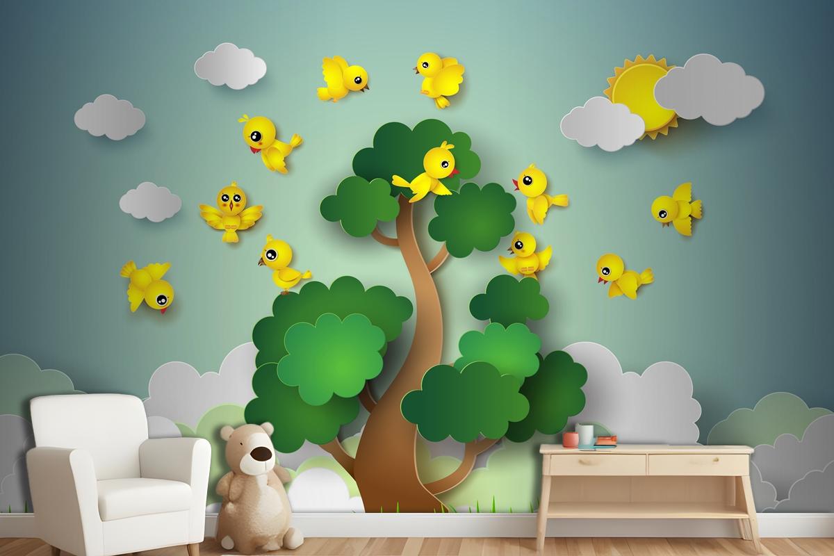 Bird Flying Around A Tree Wallpaper Mural