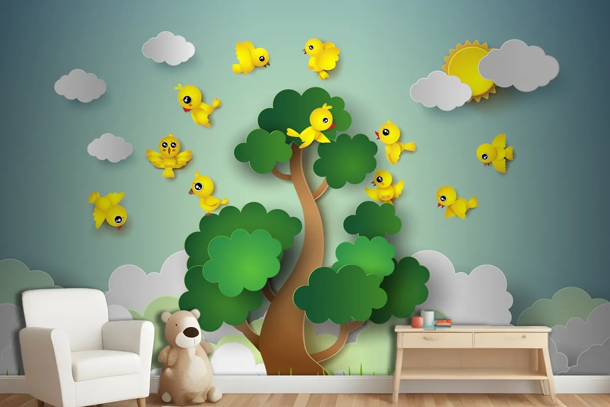 Bird Flying Around A Tree Wallpaper Mural