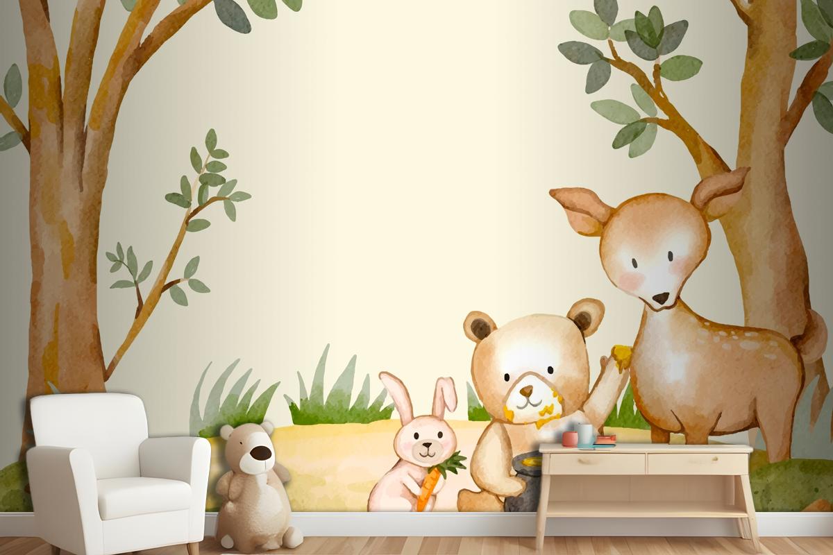 Watercolor Forest Animals Background Wallpaper Mural