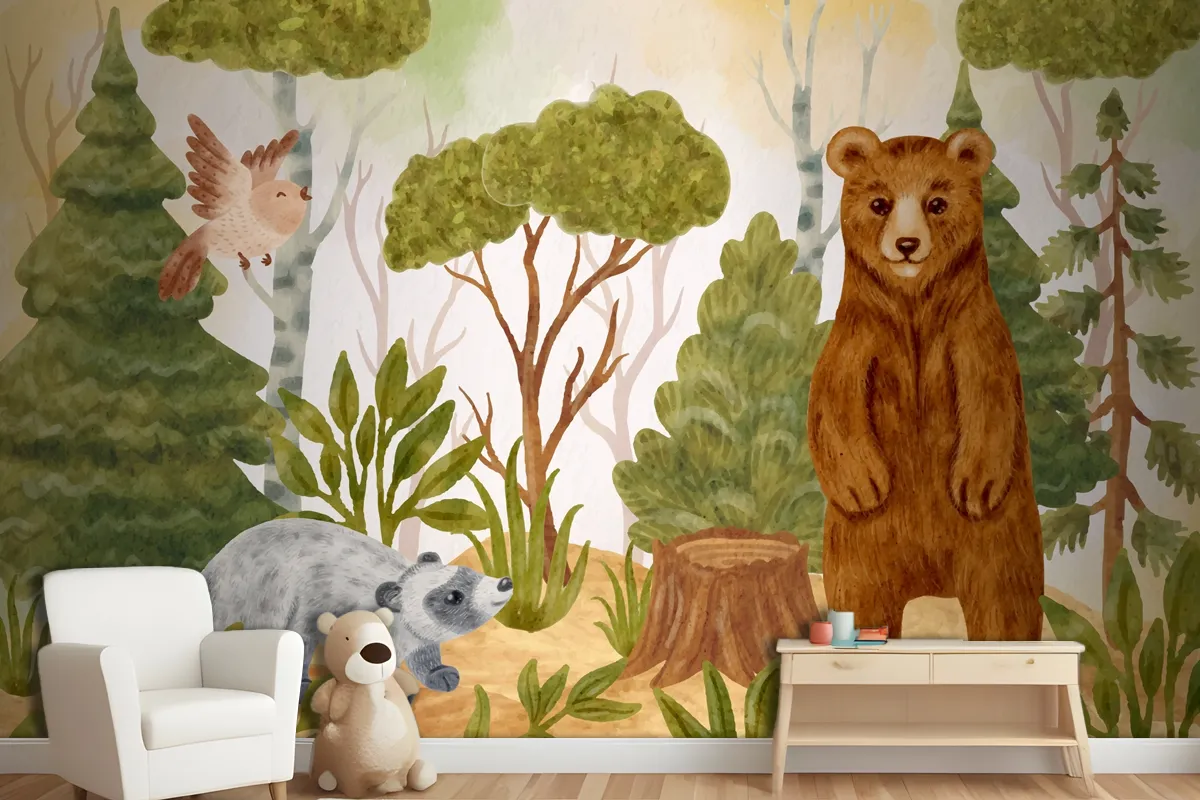 Watercolor Forest Animals Background Wallpaper Mural