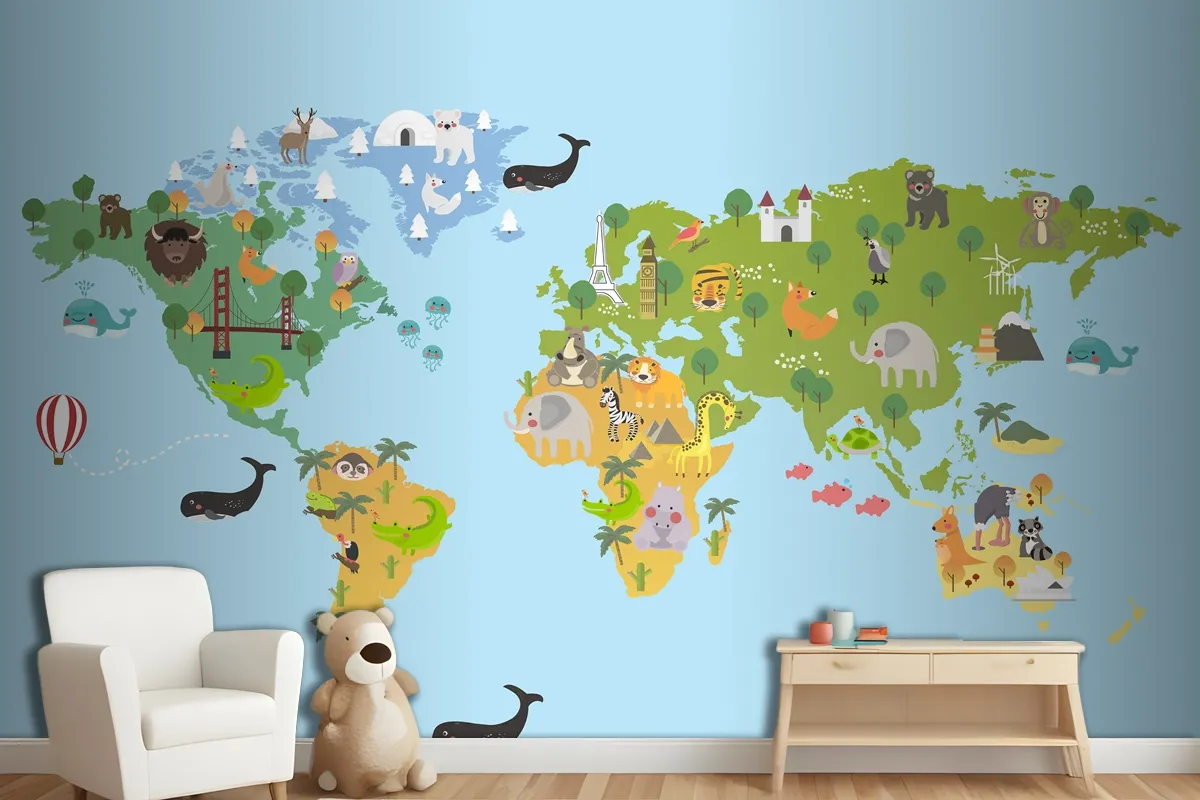 Animal World Map Wallpaper Mural