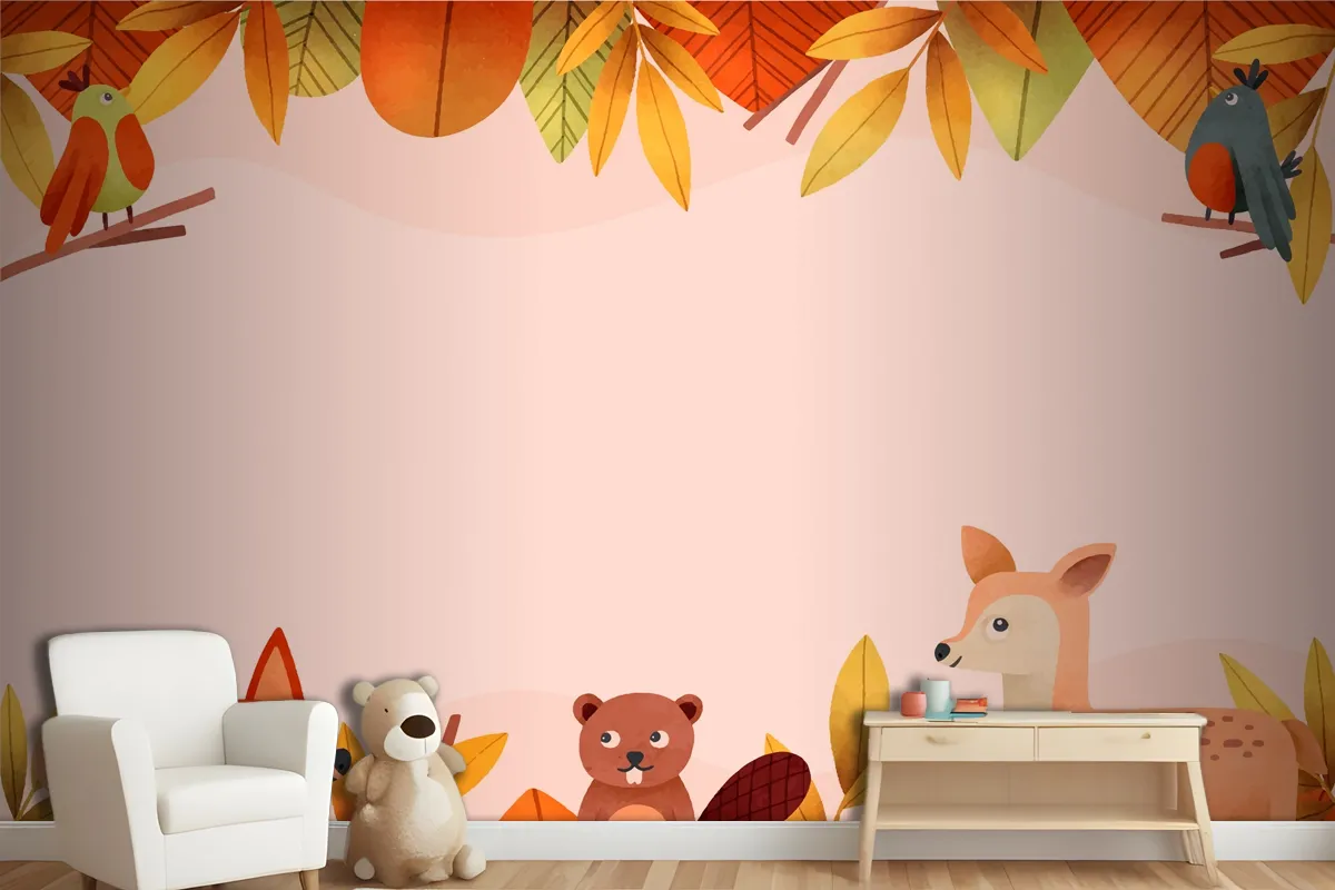 Watercolor Forest Animal And Leaves Wallpaper Mural