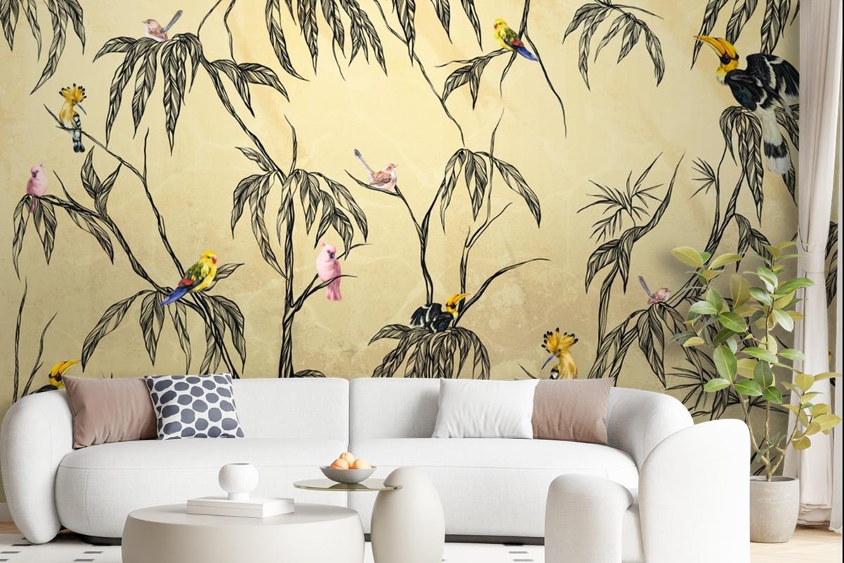 Bird In The Tropics On A Textured Beige Wallpaper Mural