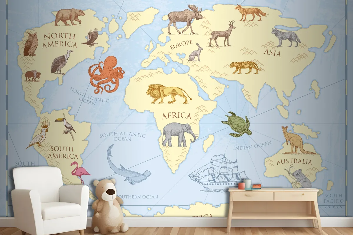 Vintage World Map With Wild Animals Wallpaper Mural