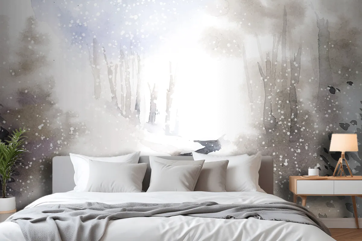 Winter Wonderland Landscape Painted By Watercolor Wallpaper Mural