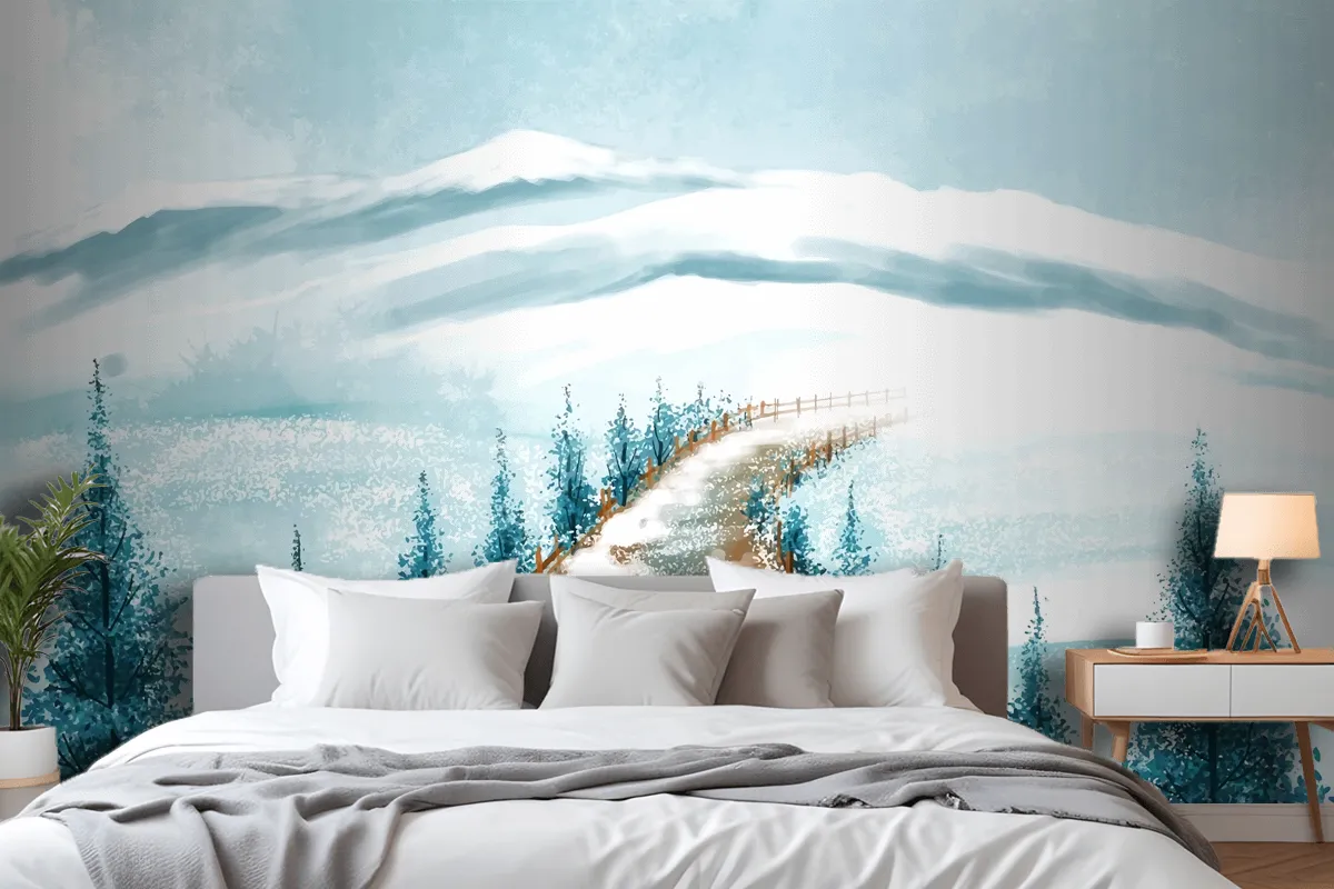 Winter Landscape With Snowy Christmas Tree Card Wallpaper Mural