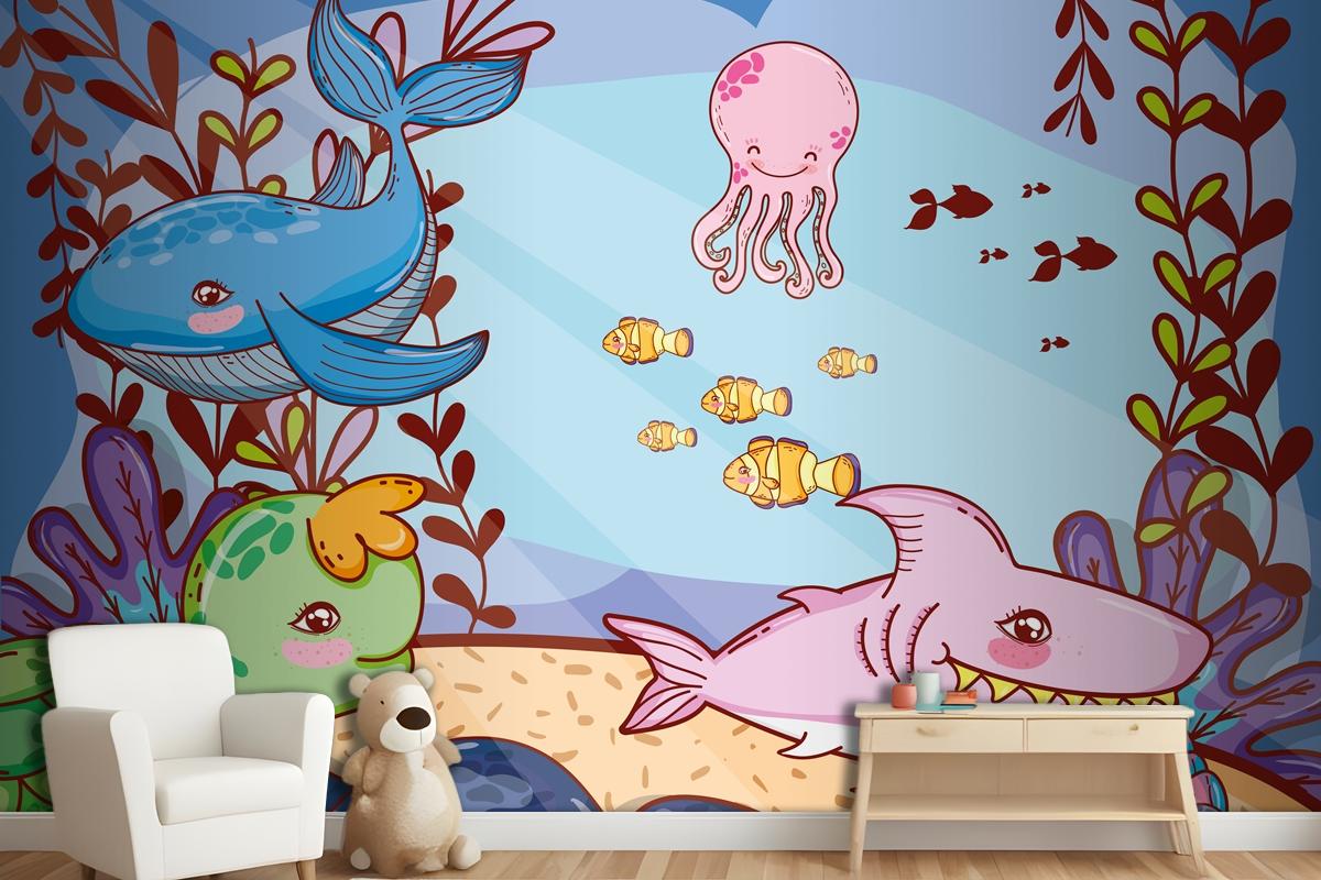 Cute Sea Animals With Seaweed Plants Wallpaper Mural