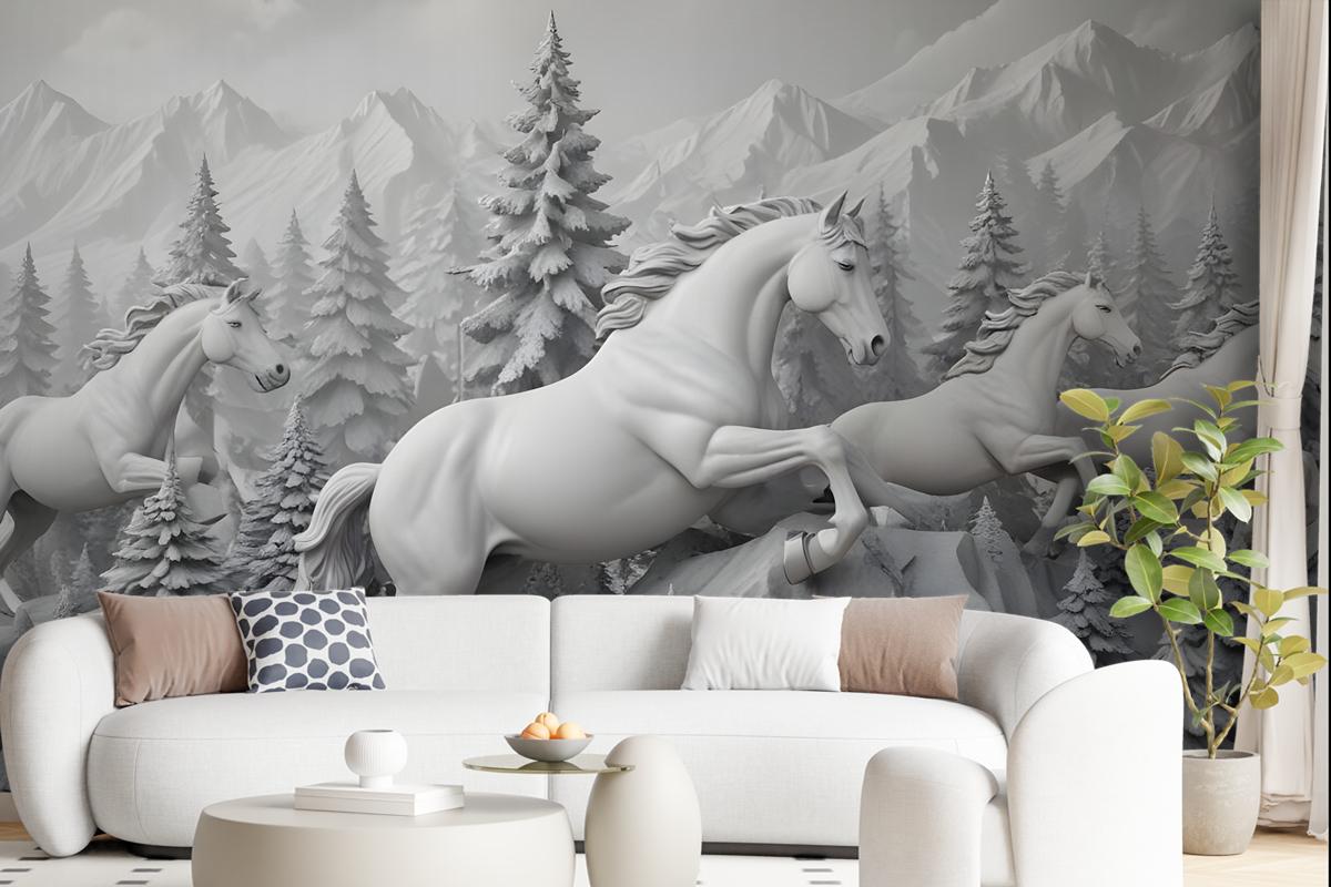 3D Embossed Look Cement Angel Horses Wallpaper Mural