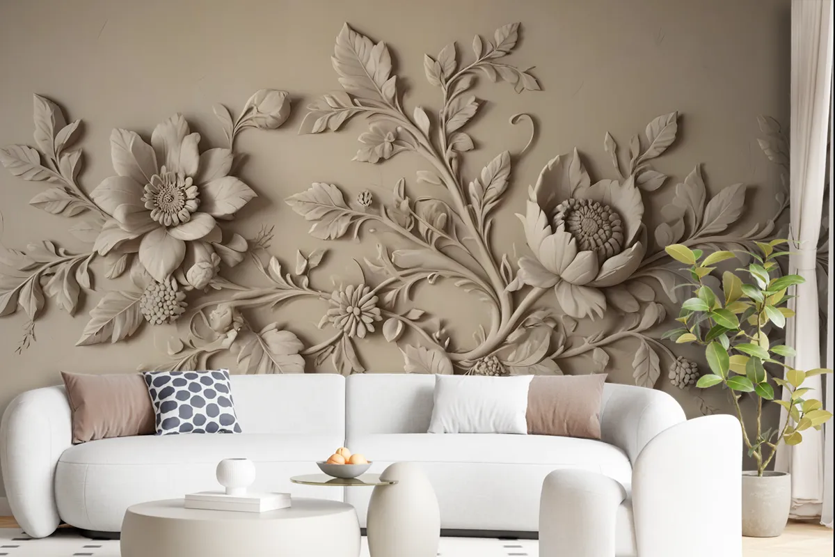 3D Embossed Look Cement Floral Tree Wallpaper Mural