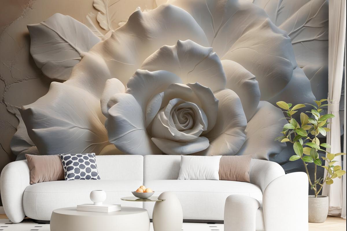 3D Embossed Look Cement Roses Wallpaper Mural