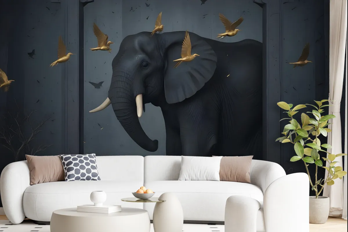 3D Embossed Look Dark Elephant And Birds Wallpaper Mural