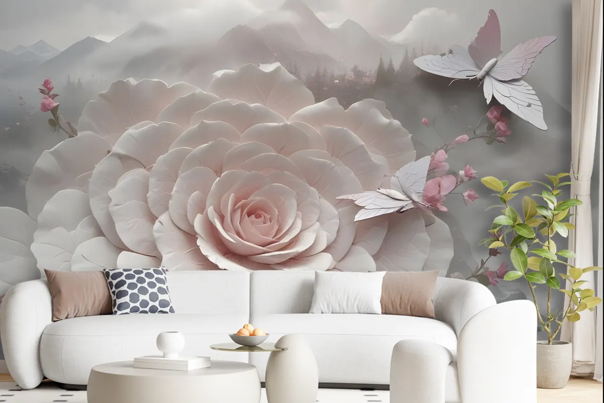 3D Embossed Look Flowers And Butterfly Wallpaper Mural