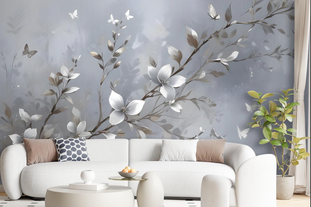 3D Embossed Look Magnolia Blossom And Butterfly Wallpaper Mural