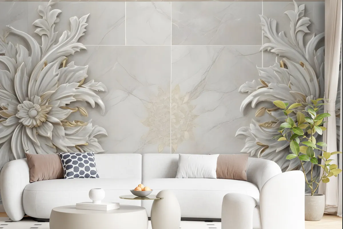 3D Embossed Look Marble Sunflower Wallpaper Mural