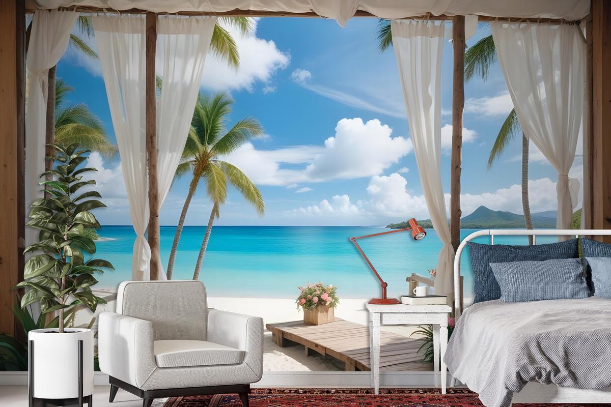 3D Look Blue Sea Landscape With Old Arches And Palm Trees Wallpaper Mural