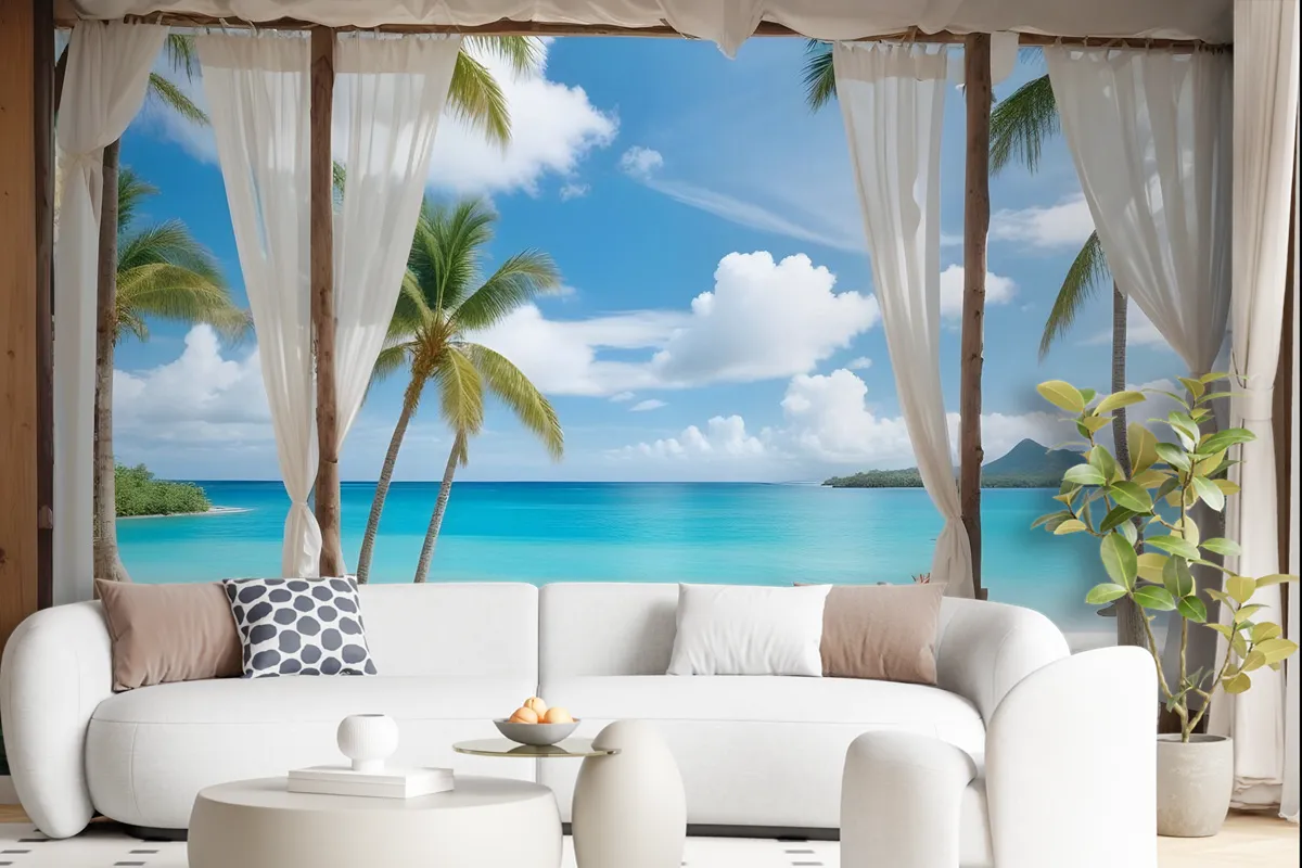 3D Look Blue Sea Landscape With Old Arches And Palm Trees Wallpaper Mural