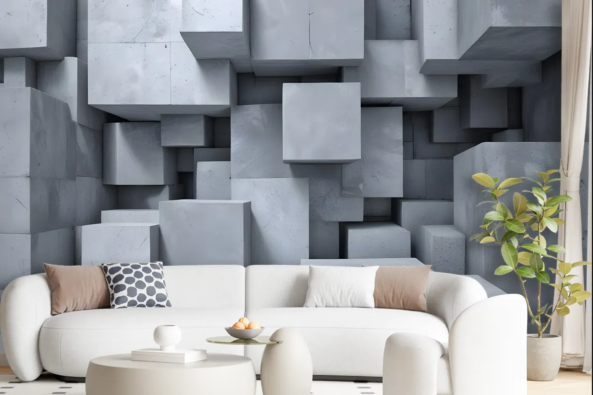 3D Look Concrete Style Gray Abstract Cubes Wallpaper Mural