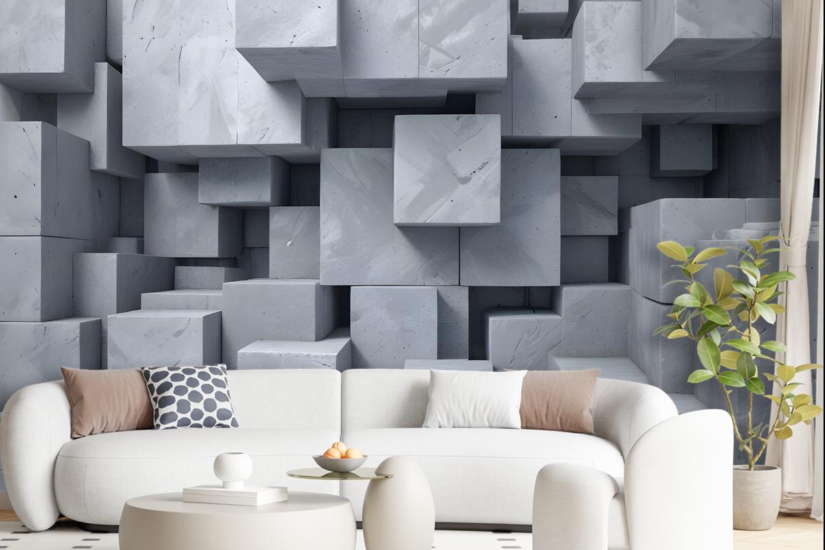 3D Look Concrete Style Gray Abstract Cubes Wallpaper Mural