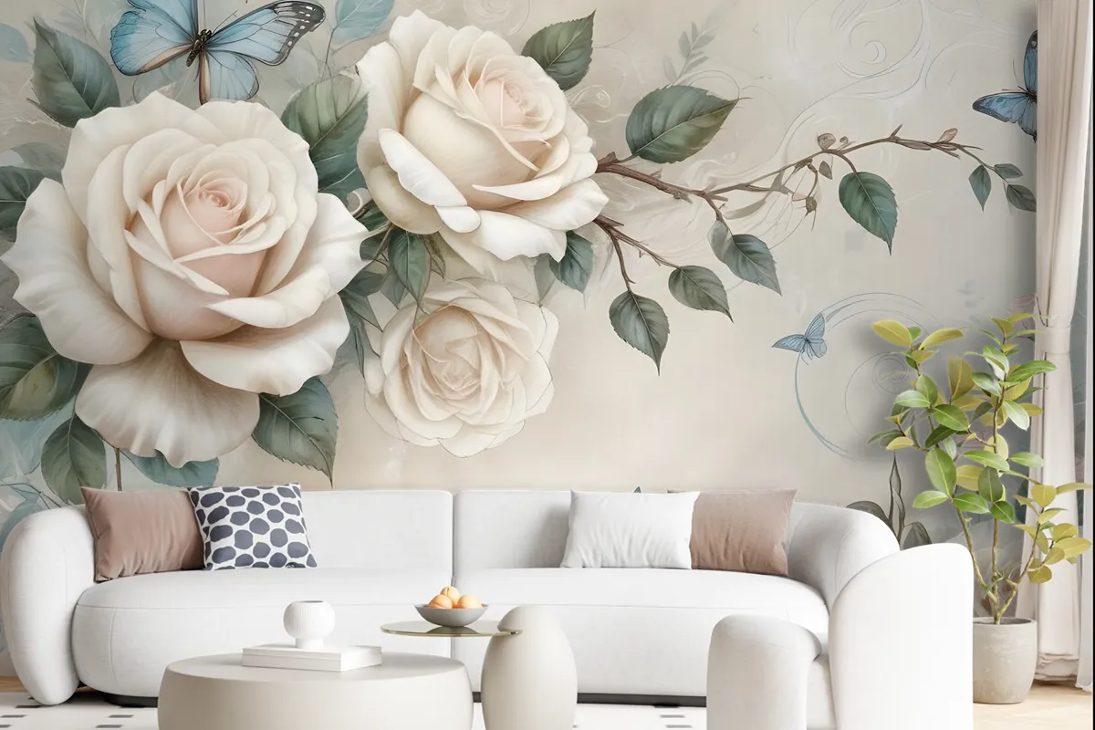 3D Look Cream Rose Floral Wallpaper Mural