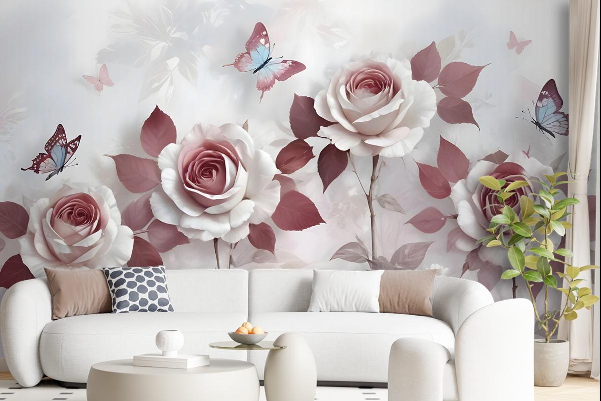 3D Look Floral With Little Butterfly Wallpaper Mural