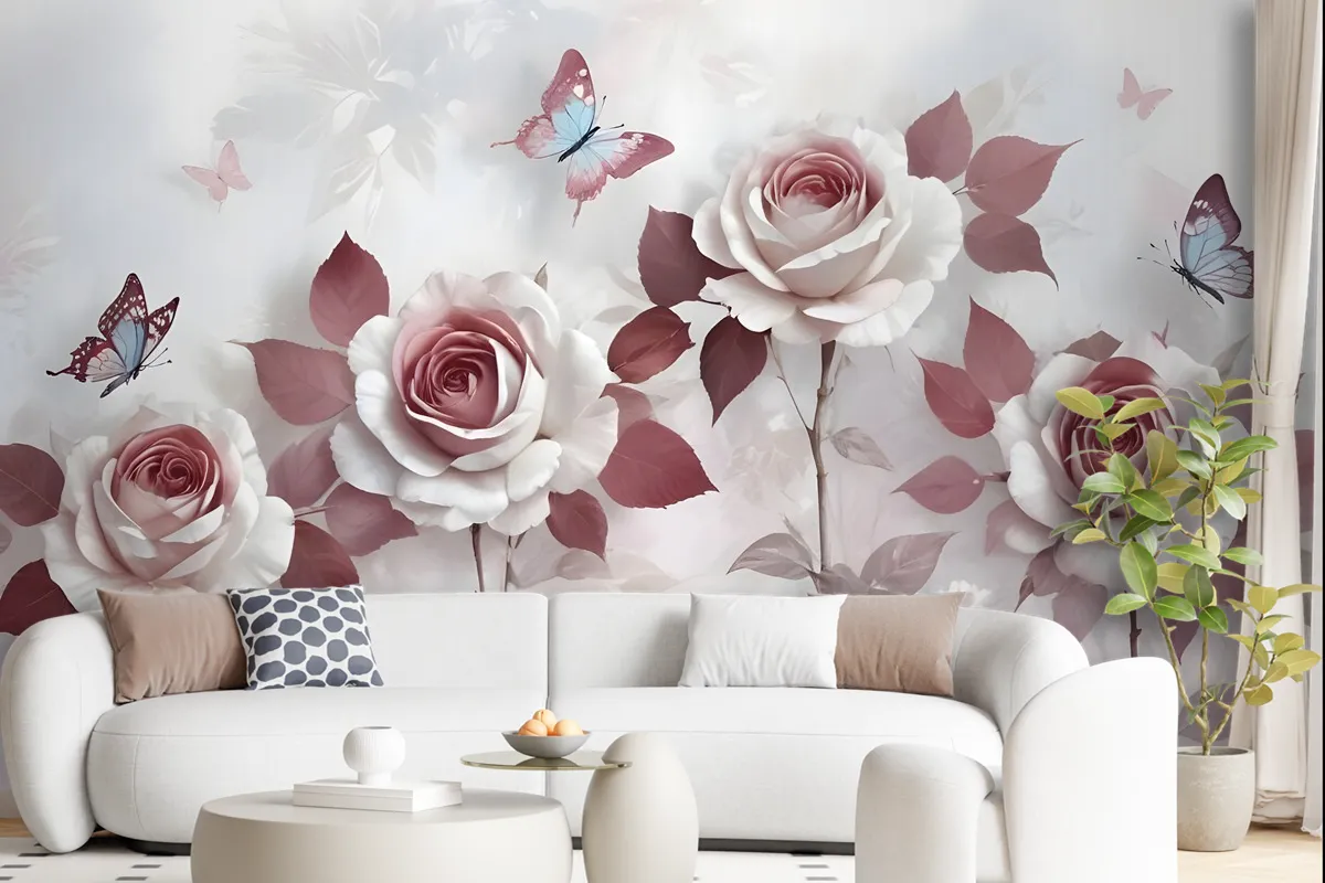 3D Look Floral With Little Butterfly Wallpaper Mural