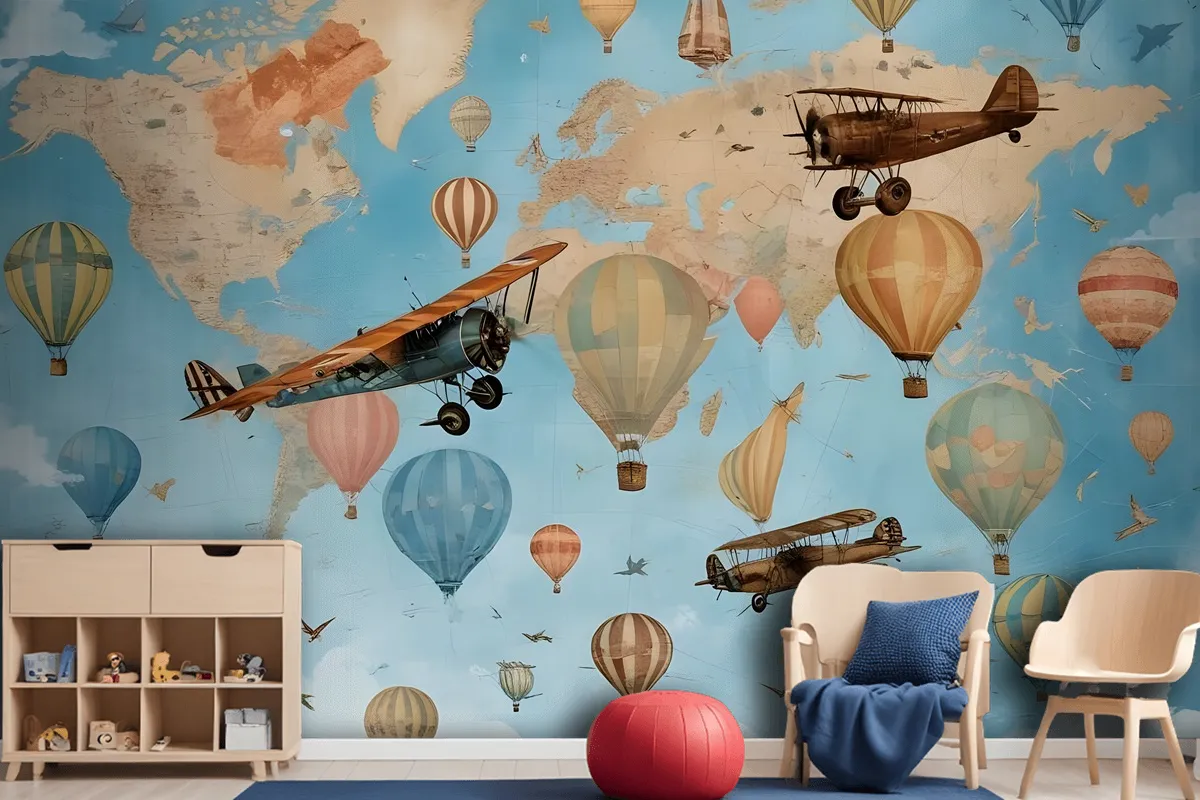 3D Look Kids World Map With Hot Air Balloon Wallpaper Mural