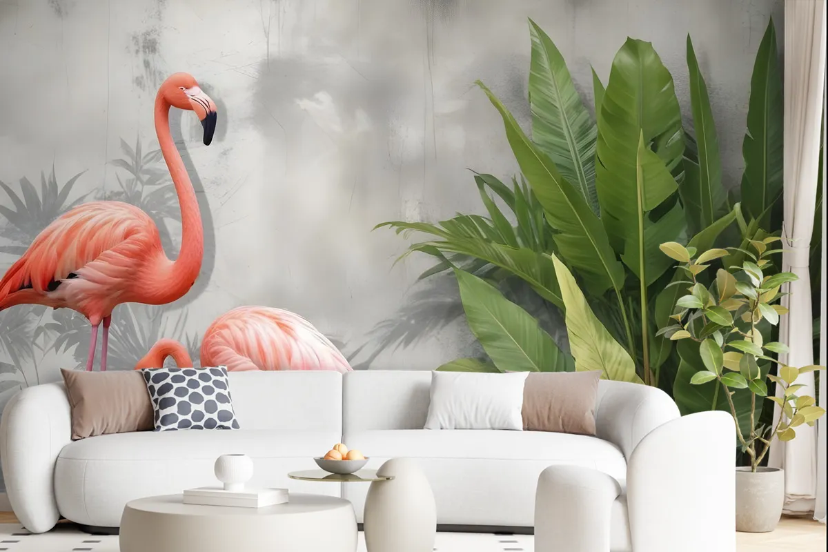 3D Look Pink Flamingo With Tropical Leaves Wallpaper Mural