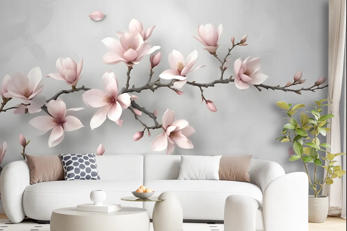 3D Look Pink Magnolia Blossom Wallpaper Mural