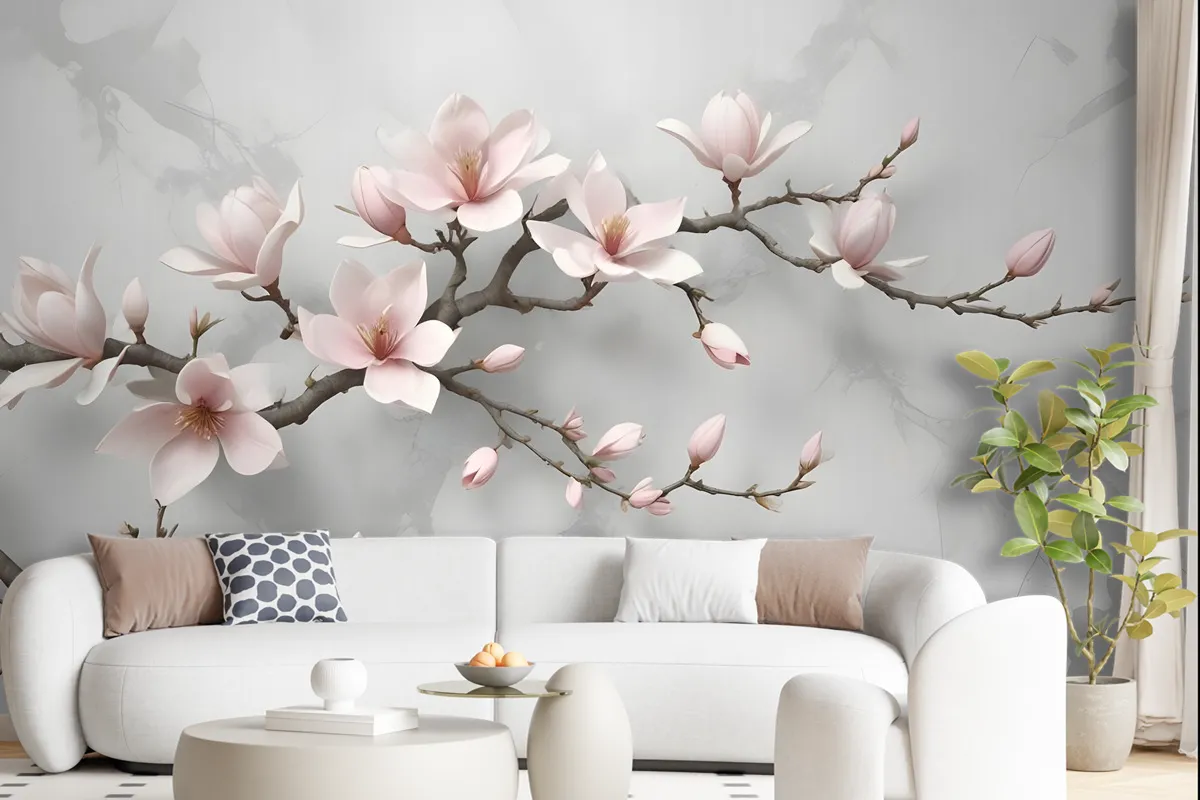 3D Look Pink Magnolia Blossom Wallpaper Mural