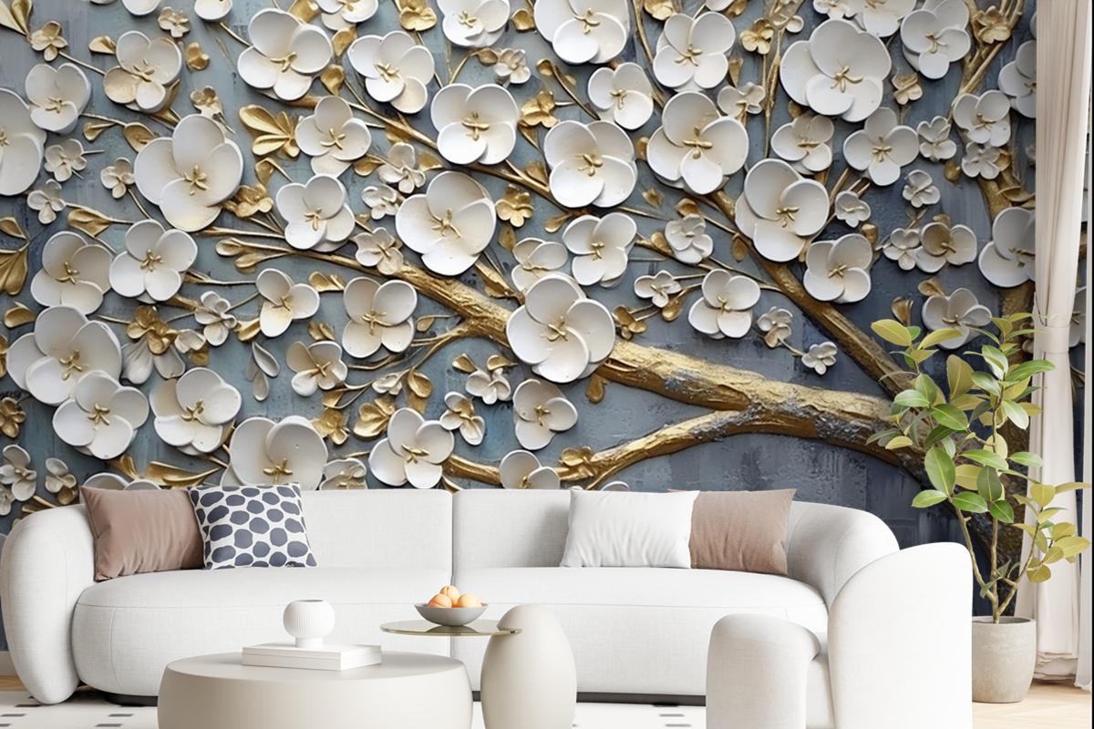 Abstract Artistic Background Flowers Branches Gold And Canvas Painting Wallpaper Mural