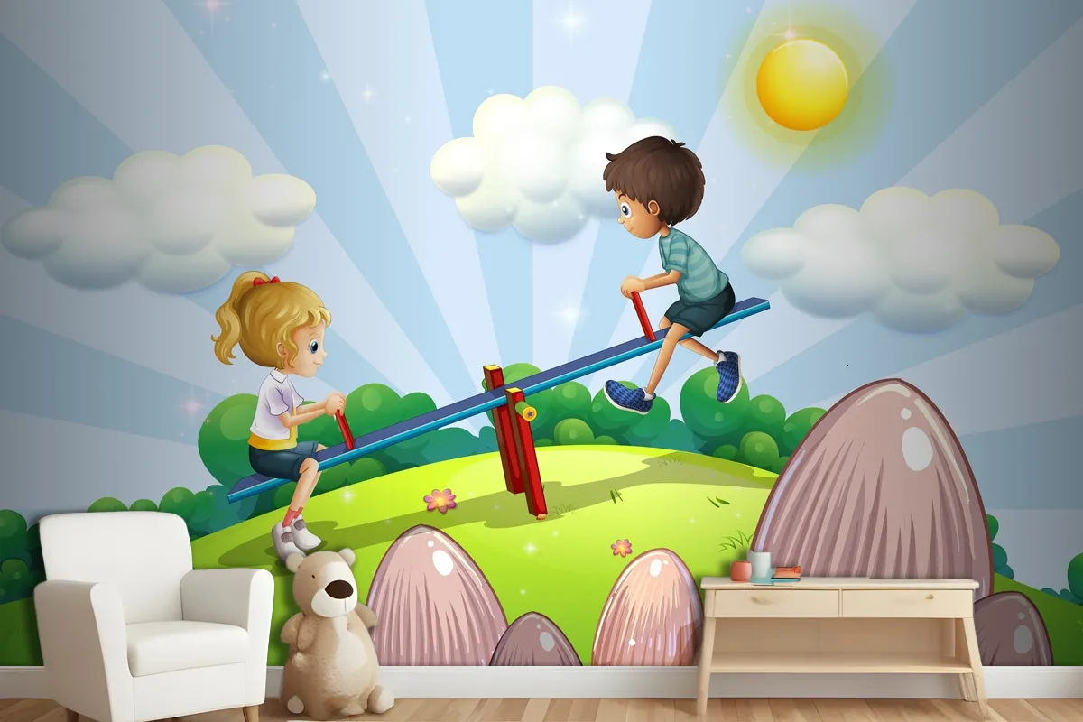 A Boy And A Girl Riding A Seesaw Wallpaper Mural