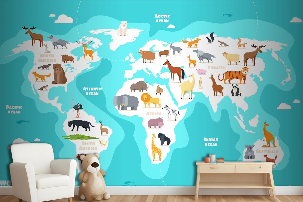 World Map With Animals Earth Discovery Funny Kids Geography Wallpaper Mural