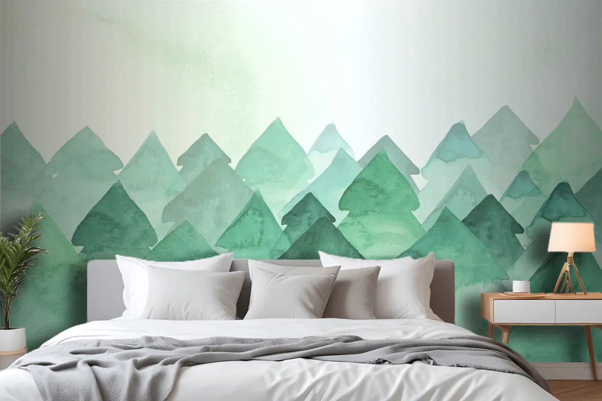 Watercolor Painting With Fir Trees Wallpaper Mural