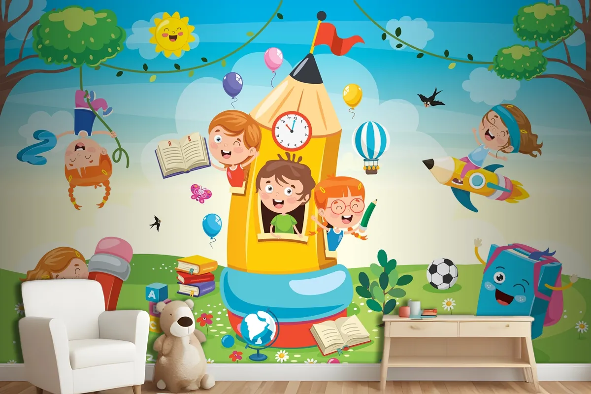 Cute Children Playing At Pencil House Wallpaper Mural