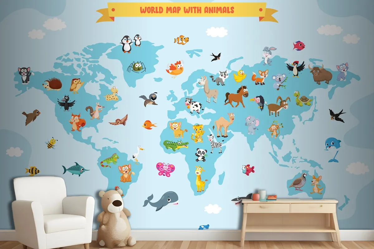 World Map With Cartoon Animals Wallpaper Mural