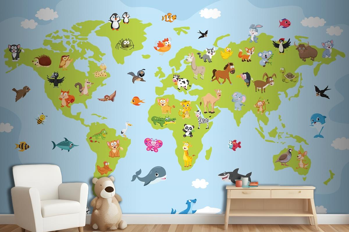 World Map With Cartoon Animals Wallpaper Mural