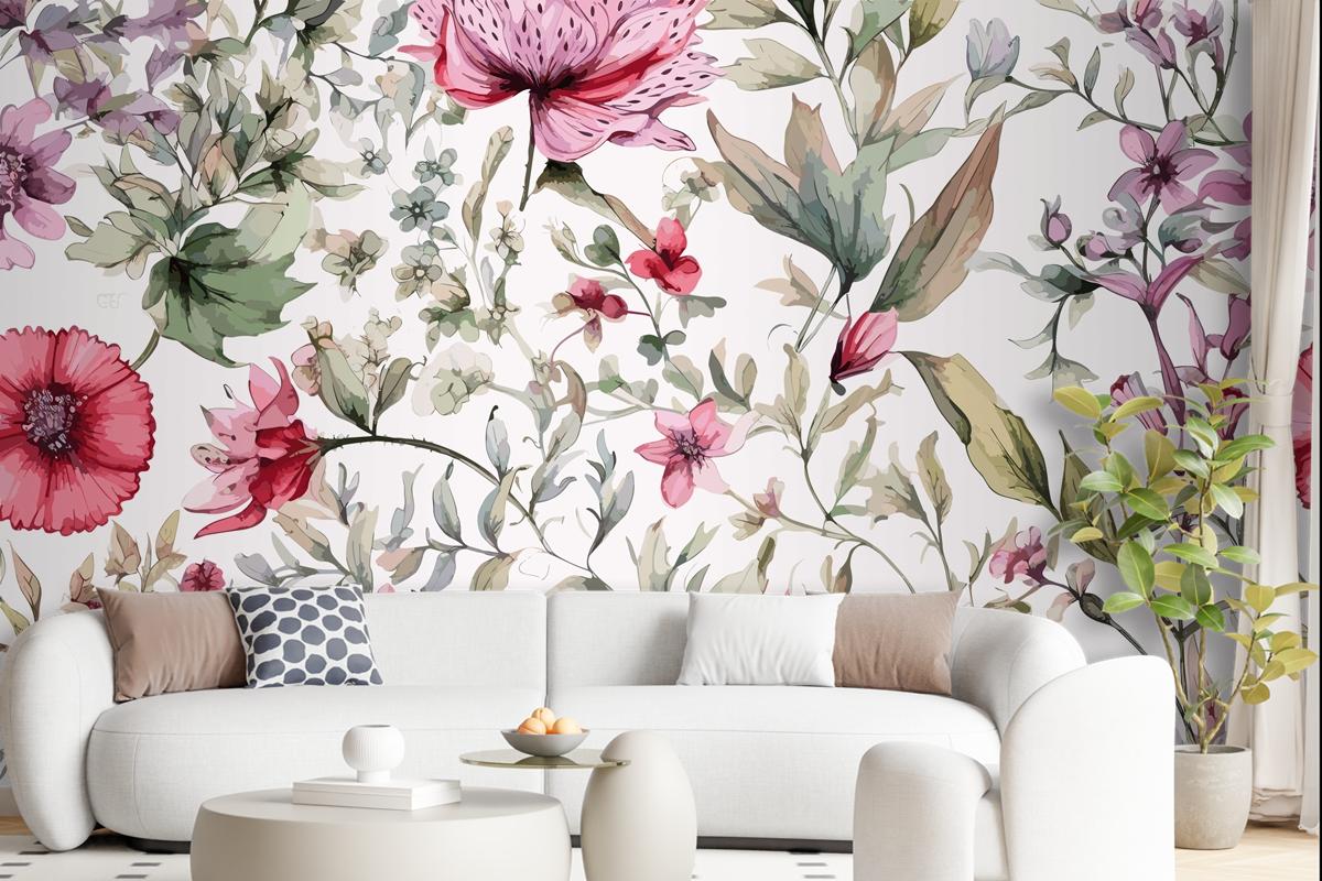 Colourful Floral Background With Leaves Wallpaper Mural