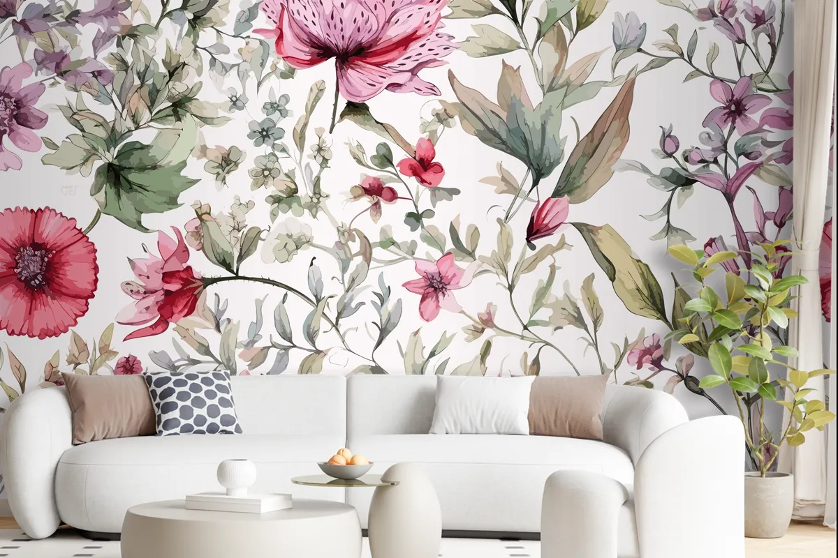 Colourful Floral Background With Leaves Wallpaper Mural