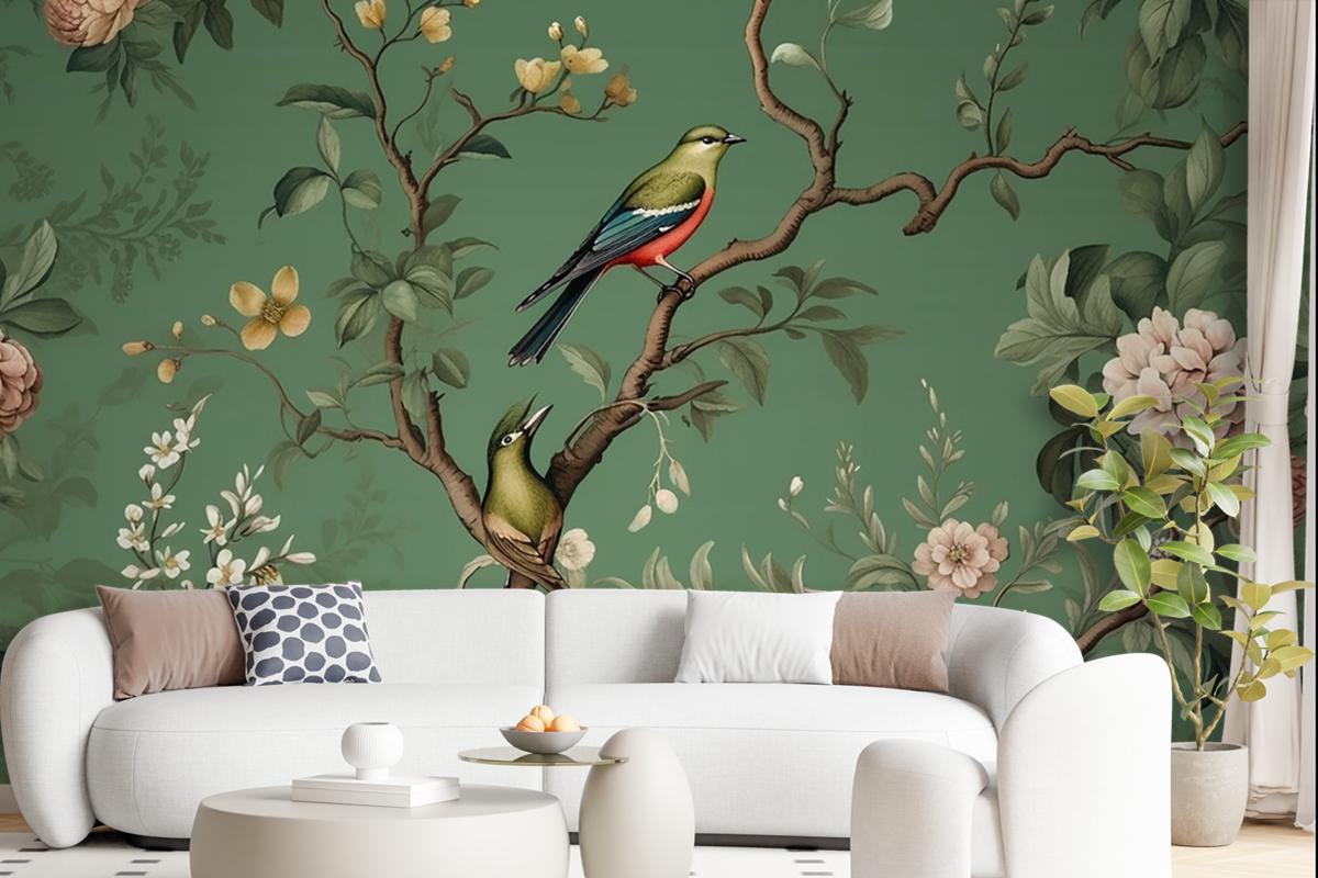 Flowers Branches Birds Golden Brushstrokes Wallpaper Mural