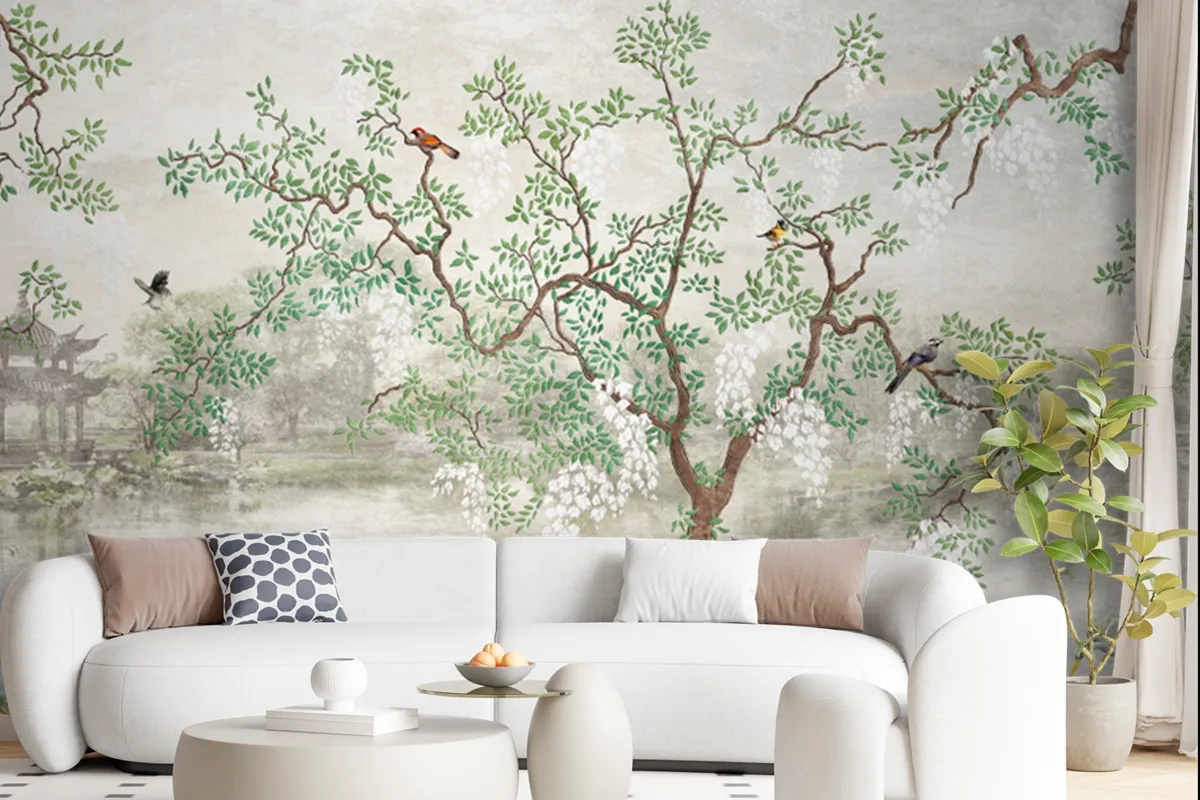 Tree By The Lake Misty Landscape Birds In Japanese Garden Wallpaper Mural